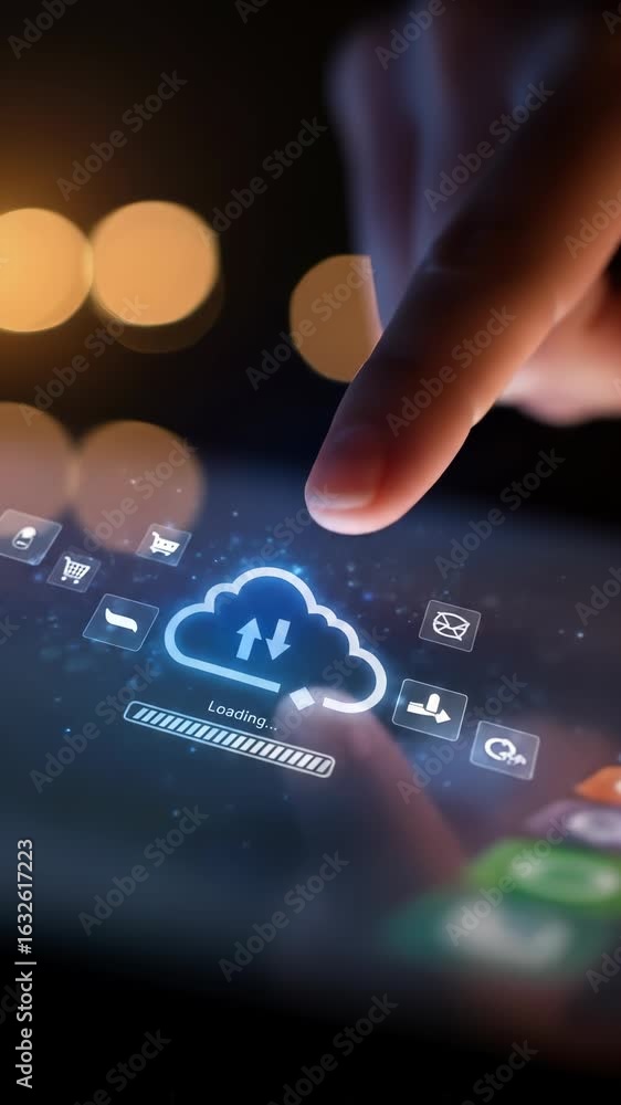 Poster cloud computing upload: one person's finger initiates a digital data transfer to secure cloud storag