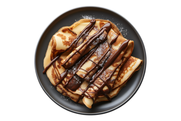 Closeup of chocolate crepes dessert on white background. Sweet chocolate crepes plated on grey dish isolated.