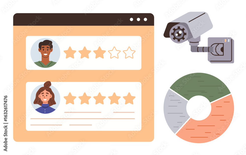 Poster web interface showing user ratings with stars, a surveillance camera, and a pie chart illustrating d