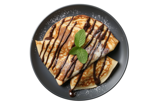 Closeup of chocolate crepes dessert on white background. Sweet chocolate crepes plated on grey dish isolated.