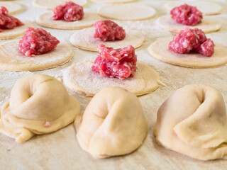 Round raw dumplings on the table, sprinkled with flour and rolled before filling with home-made meat. Traditional process of making Russian dumplings. Step-by-step overview of the cuisine Food concept