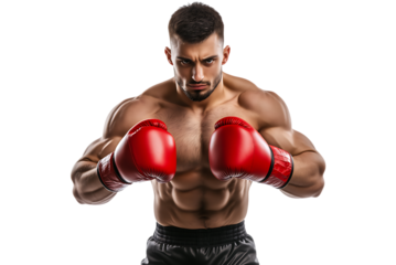 Muscular male boxer intense expression red gloves transparent background