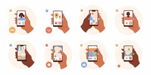 Hands holding smartphones displaying various app interfaces and content