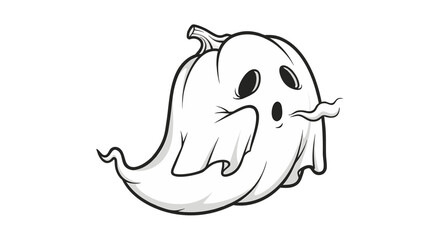 Naklejka premium Cartoonish ghost with pumpkin stem on top floating in a white background with black outlines and shading