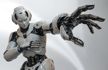 Humanoid robot in dynamic pose with left arm extended in fighting stance. Right arm rests on same arm. White body, neutral facial expression. Light beige background highlights metallic details.