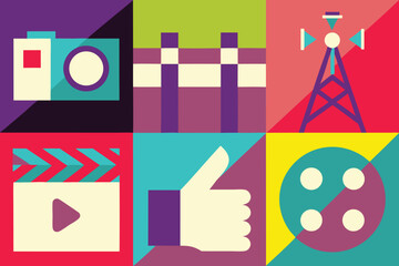 Colorful collection of communication and media icons set of technology