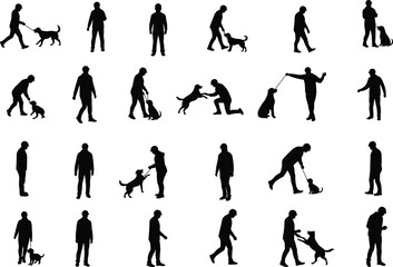 Dog owner icons set, silhouette pet poses, editable vector artwork, training scenes, play interaction, black figures, lifestyle design pack