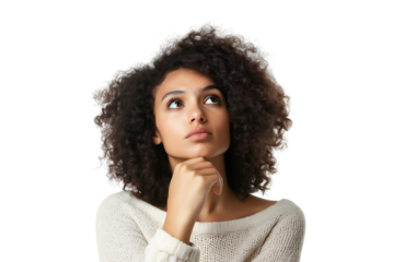 Young curly-haired woman thinking with hand on chin PNG cutout