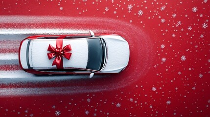 Snowy red car with a big red bow driving on a snowy red background with snowflakes for christmas