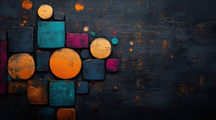 Colorful geometric shapes creating abstract design on dark background