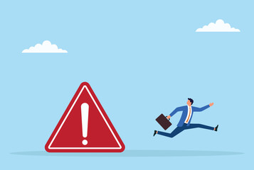 Vector illustration of a businessman running away from a warning sign, symbolizing the avoidance of potential risks, dangers, or critical alerts in the business world

