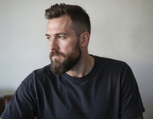 Fototapeta premium Rugged mature man with short beard, dark t-shirt sits on light-colored couch. Simple white wall with window, closed door background. Man face, body pose in profile view. Adult male sits in casual