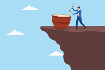 Vector illustration of a businessman playing an announcement drum atop a mountain, symbolizing making important declarations, leadership, and broadcasting key messages from a position of prominence

