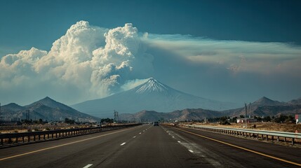 Highway stretches to a volcano shrouded in smoke