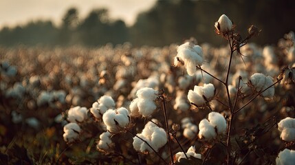Fluffy cotton bolls in a field at sunrise