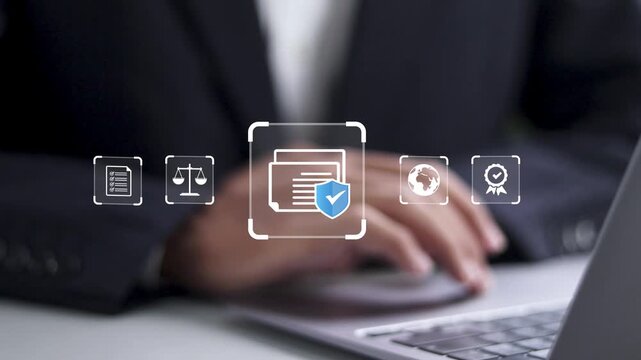 Compliance in business concept. Businessman using laptop with compliance icon, ensuring the enforcement of laws, regulations, and standards. Stay in line with business policies.