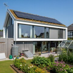 Modern eco friendly house with solar panels and green roof promoting sustainable living