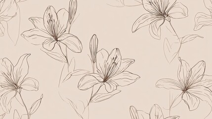 Delicate, repeating lily line art pattern on beige background