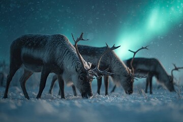 Reindeer graze in snowy arctic night, aurora borealis