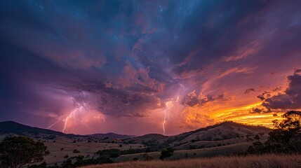 Dramatic sunset storm over rural landscape