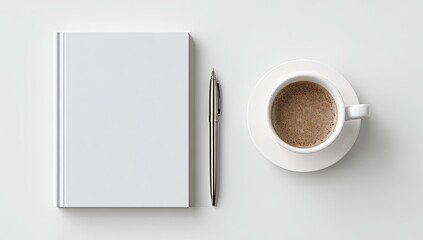 Blank book, pen, and coffee cup on a white surface