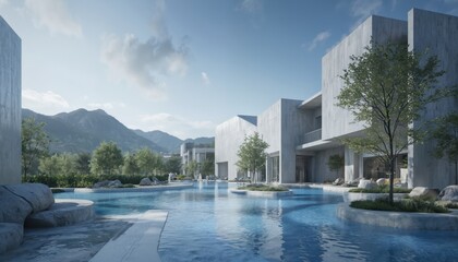 Modern residential complex blends with natural surroundings in mountainous area. Large white buildings with flat roofs, large windows, serene swimming pool in foreground. Industrial architectural