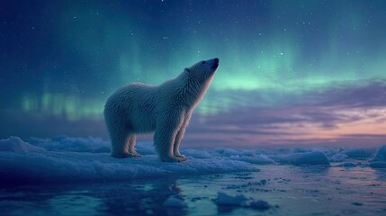 Polar bear on ice floe, aurora borealis