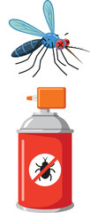 Obraz premium Mosquito insect above red aerosol spray can with bug control symbol vector illustration