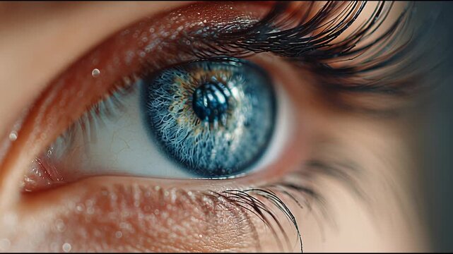 Extreme macro close-up of a blue eye with long lashes in 4K