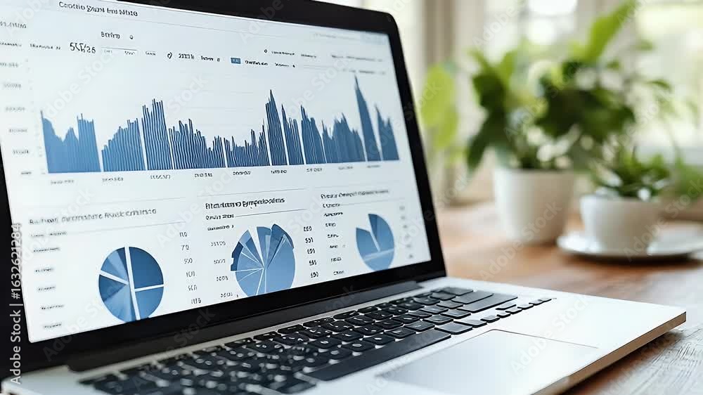 Poster dynamic business data analysis on laptop screen in modern office setting