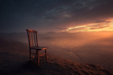 Wooden chair atop hill, sunrise view
