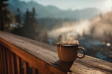 Warm cup of coffee on a mountain deck