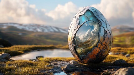 A reflective, cracked egg in a serene landscape, showcasing nature's beauty within.