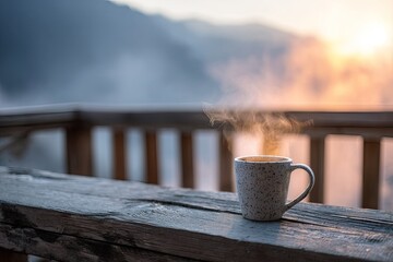 Warm coffee on a mountain balcony at sunrise