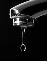 Water drop falling from faucet, black background. Conservation concept.