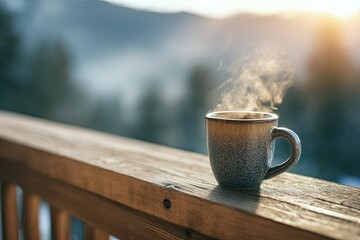 Warm cup of drink on wooden balcony, sunrise