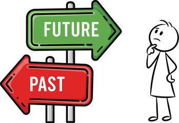 Decisions future past choices thinking direction stick figure