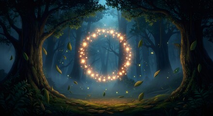 Magical golden portal opening in an enchanted forest at night
