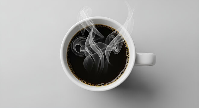 Steaming black coffee in white mug top view for morning energy and caffeine boost beverage drink concept