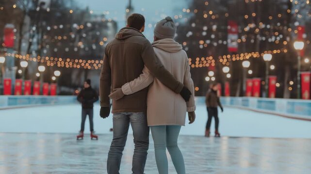 Couple, viewed from behind, embraces while looking at outdoor ice-skating rink, illuminated by string lights, festive lanterns. Skaters glide across ice on cold winter evening.