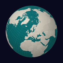 Denmark on the map. Globe centered to Denmark. Country location on the world map. Teal Pale Mint color palette. Globe with countries, meridians and parallels. Classic vector illustration.
