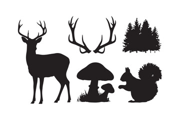 Forest wildlife silhouettes featuring deer antlers squirrel and trees