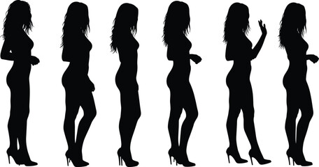 Female silhouette set, high heels, confident poses, elegant style, vector icons, isolated figures, fashion graphic, editable black artwork