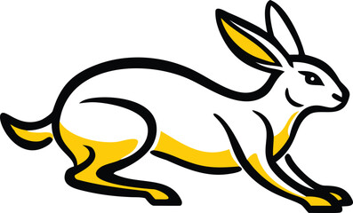 Side view of white hare with black outline and yellow details is postured