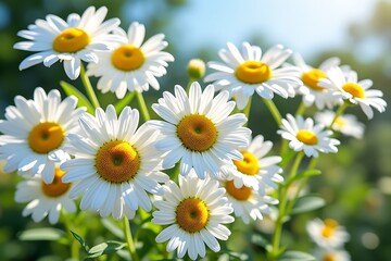 Fototapeta premium Image of a cluster of white daisies with yellow centers blooming in the sunlight, showcasing their delicate petals