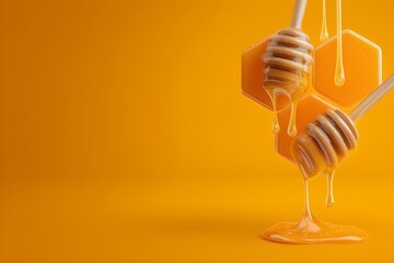 Honey dripping from a honey dipper. Rustic natural honey with wooden spoon, shot in warm natural light for artisan food branding. Delicious sticky honey close-up. Honey background. Natural sweet syrup