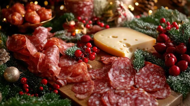 Holiday meats and cheeses on wooden board with berries decoration.