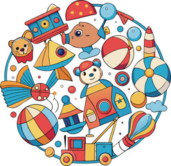 Vibrant assortment of children s toys illustration
