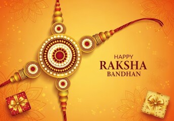 Happy raksha bandhan greeting card with decorative rakhi, gifts, and floral pattern on a warm orange background, celebrating brothersister bond