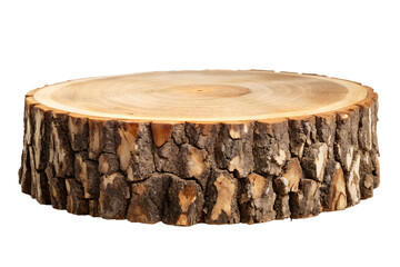 A natural wood slice with rough bark texture, isolated on transparent background